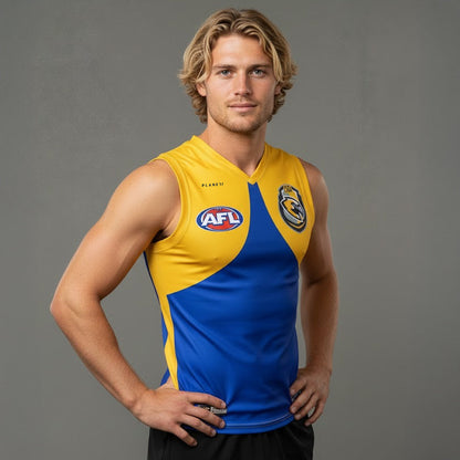 Blue and yellow afl singlet jersey with logo.