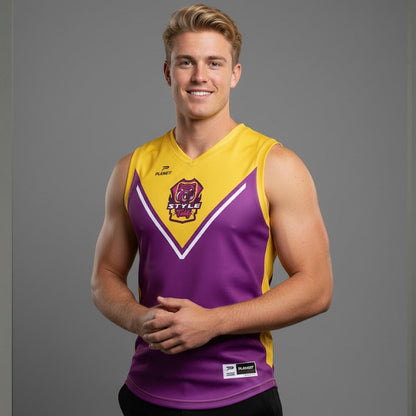 Purple and yellow sports jersey with a kangaroo logo, made of polyester.
