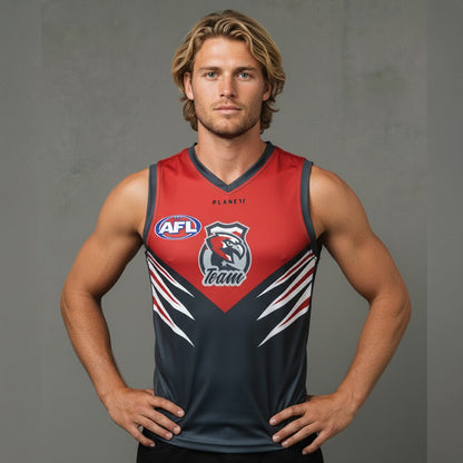 Red and black afl team jersey with white accents, designed for sports.