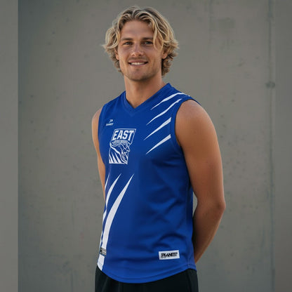 Royal blue sleeveless jersey with white and black accents, featuring a tiger logo and ’east’ text.