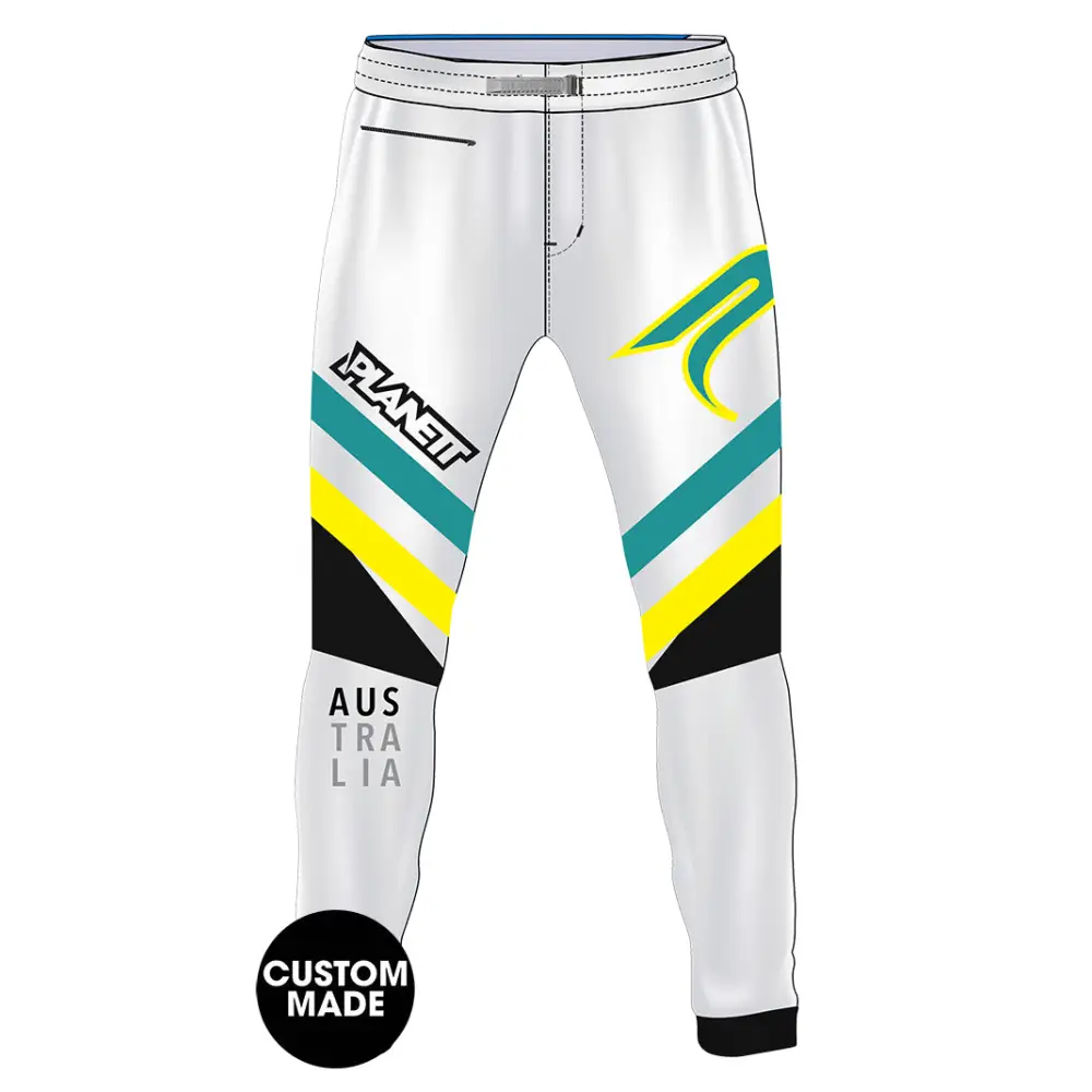 White motocross pants with colorful accents.