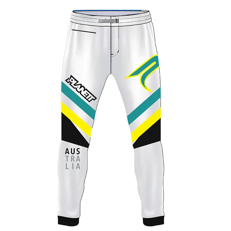 White motocross pants with colorful accents.