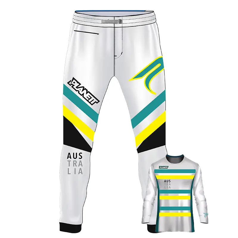 White motocross pants and jersey with Australian-themed accents.