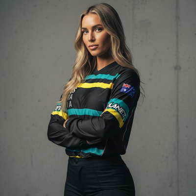Woman in a black, yellow, and blue long-sleeved athletic shirt and black pants.