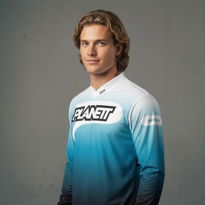 A long-sleeved athletic jersey with a blue and white gradient design.