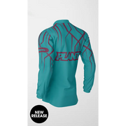 Teal long-sleeved jacket with maroon accents.