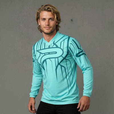 A light blue long-sleeved athletic shirt with a dark blue abstract design.