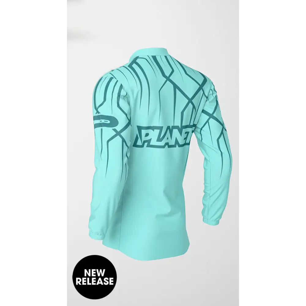 Aqua long-sleeved shirt with teal accents.