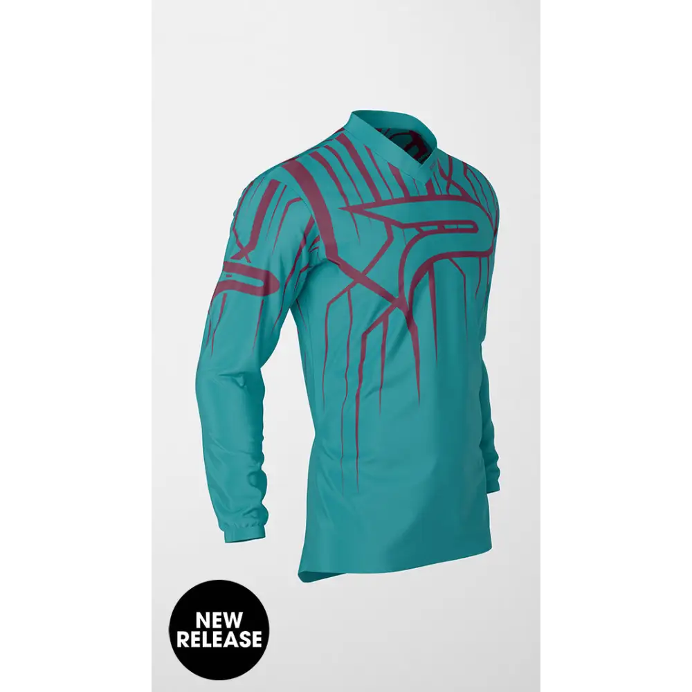 Teal long-sleeved shirt with maroon design.