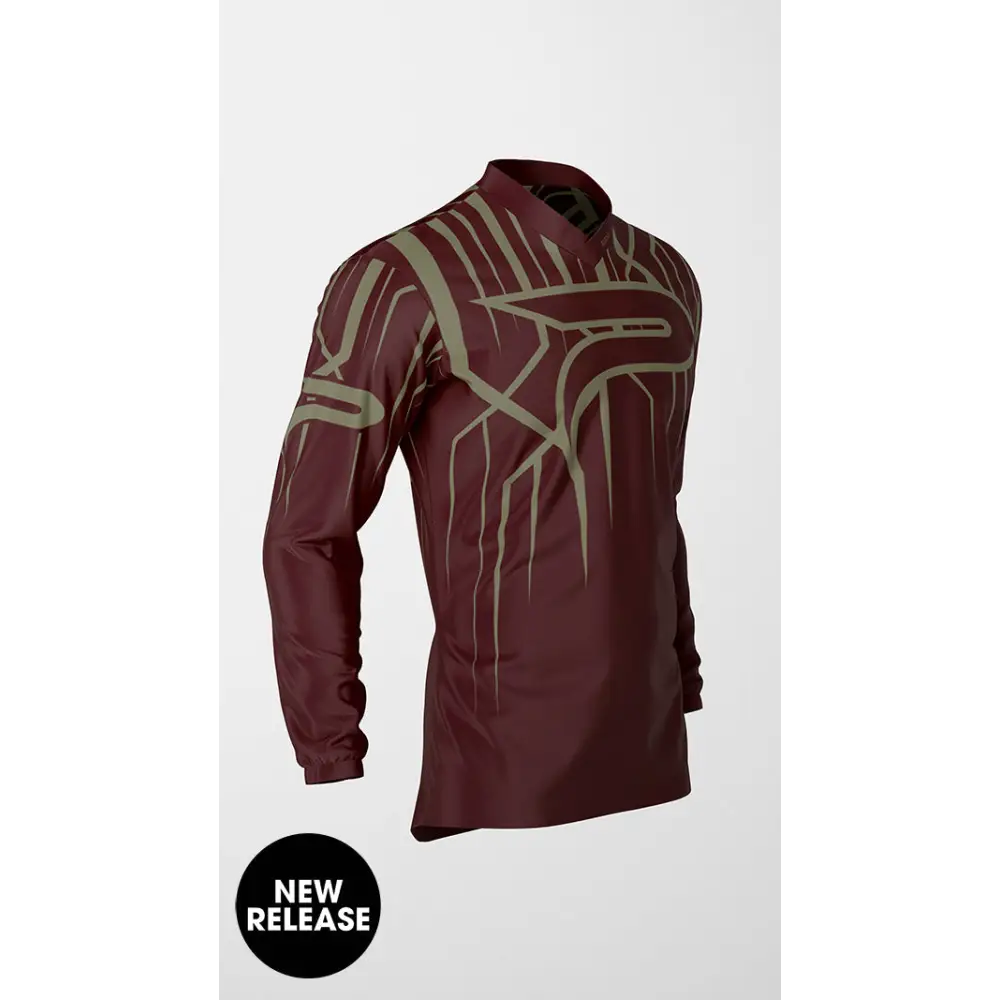 Maroon long-sleeved shirt with abstract design.