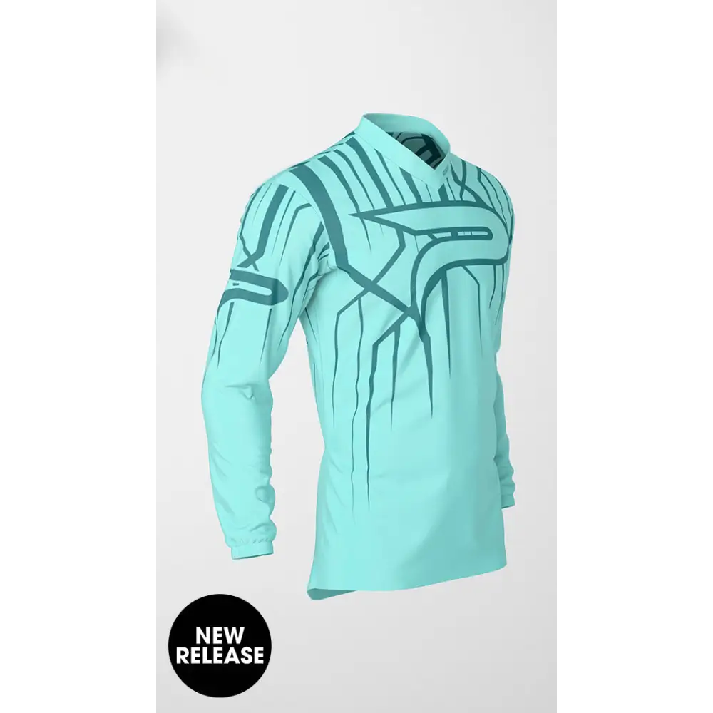 Aqua long-sleeved shirt with abstract design.