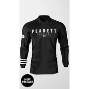 Black long-sleeved shirt with white lettering and stripes.