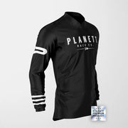 Black long-sleeved shirt with white stripes.