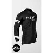 Black long-sleeved shirt with white stripes.