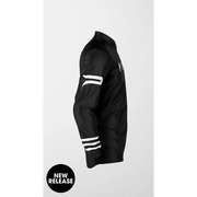 Black jacket with white stripes.