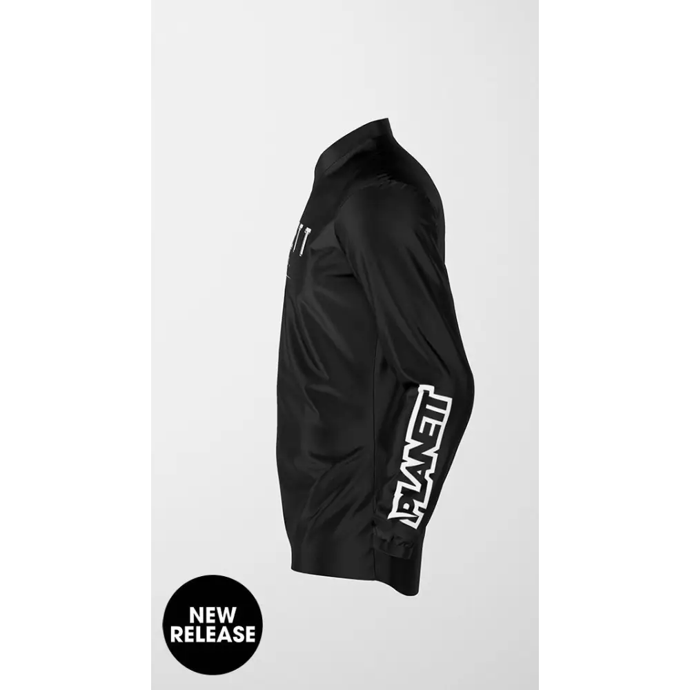 Black jacket with white lettering.