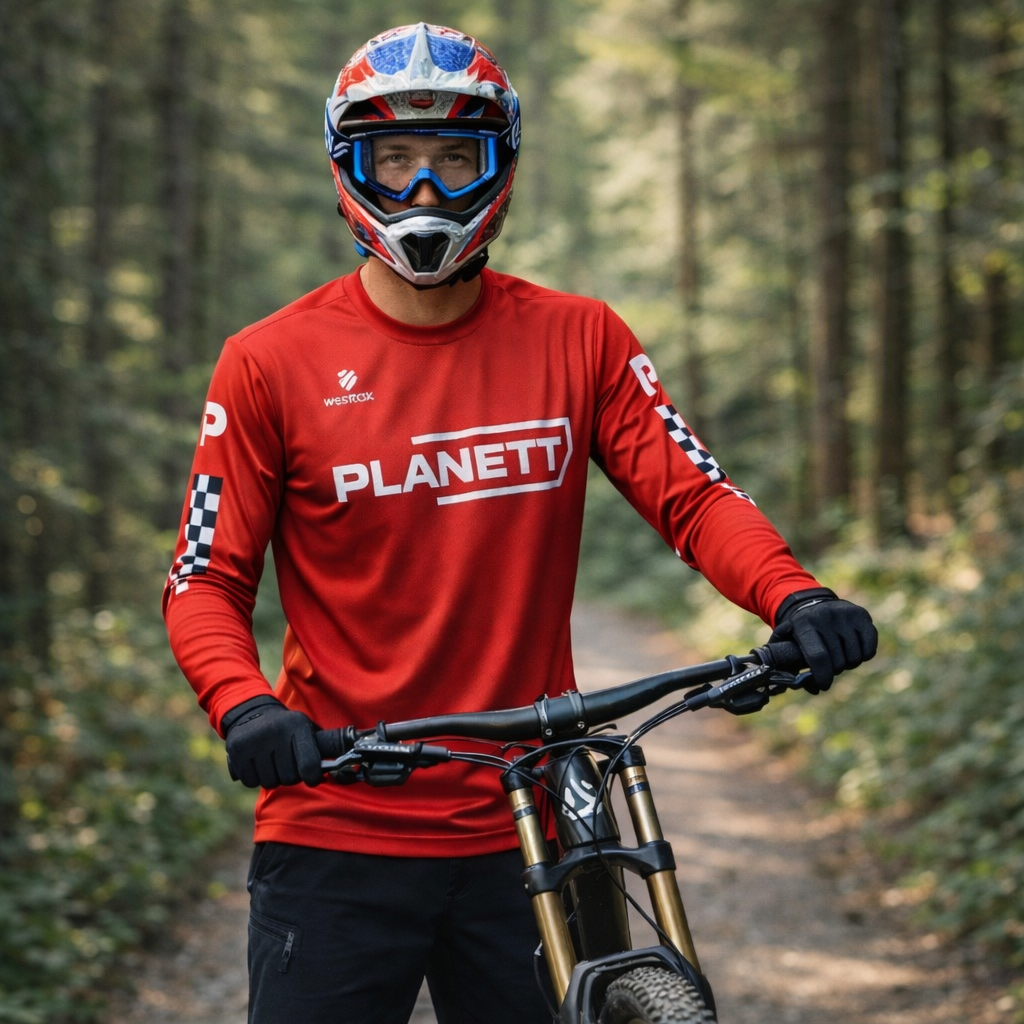 Red long-sleeved mountain biking jersey with white ’planett’ logo and checkered sleeve accents.