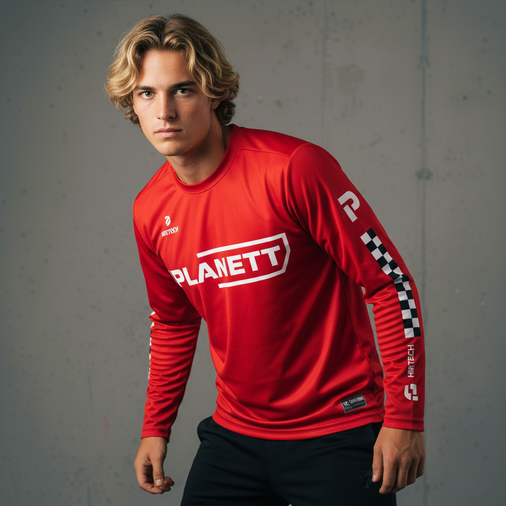 Red long-sleeved athletic shirt with a white logo.
