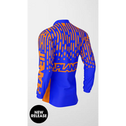 Blue and orange patterned long-sleeved shirt.