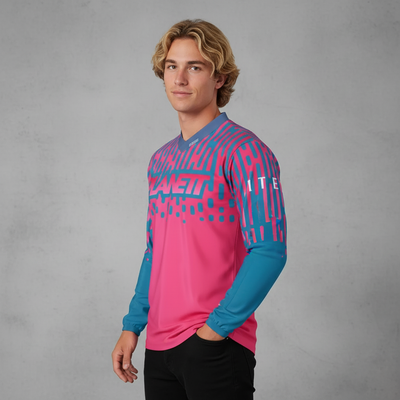 Men’s long-sleeve motocross jersey in hot pink and teal with a geometric pattern.