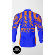 Blue and orange long-sleeved shirt.