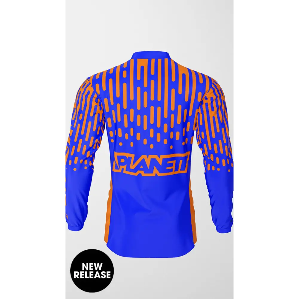 Blue and orange long-sleeved shirt.