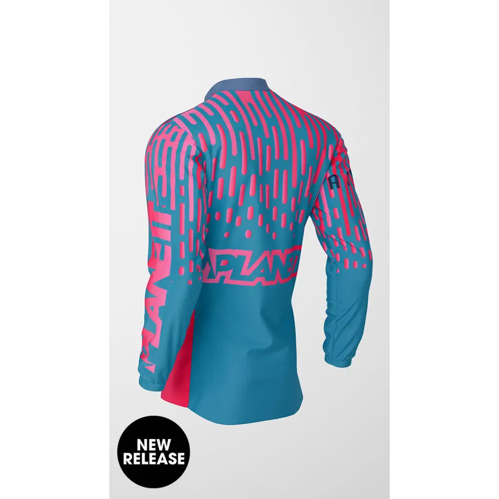 Long-sleeved teal and pink jersey.