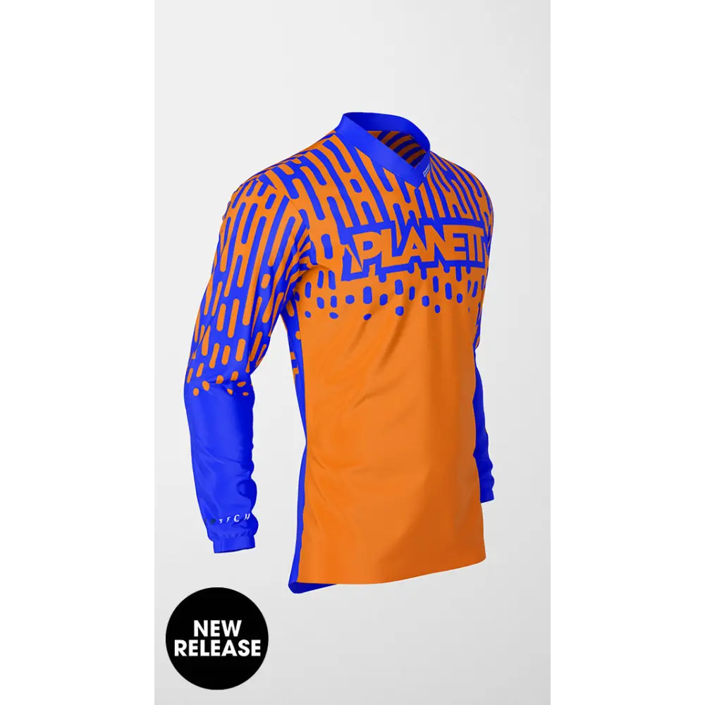 Orange and blue long-sleeved shirt.