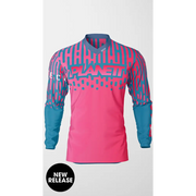Pink and teal long-sleeved jersey.