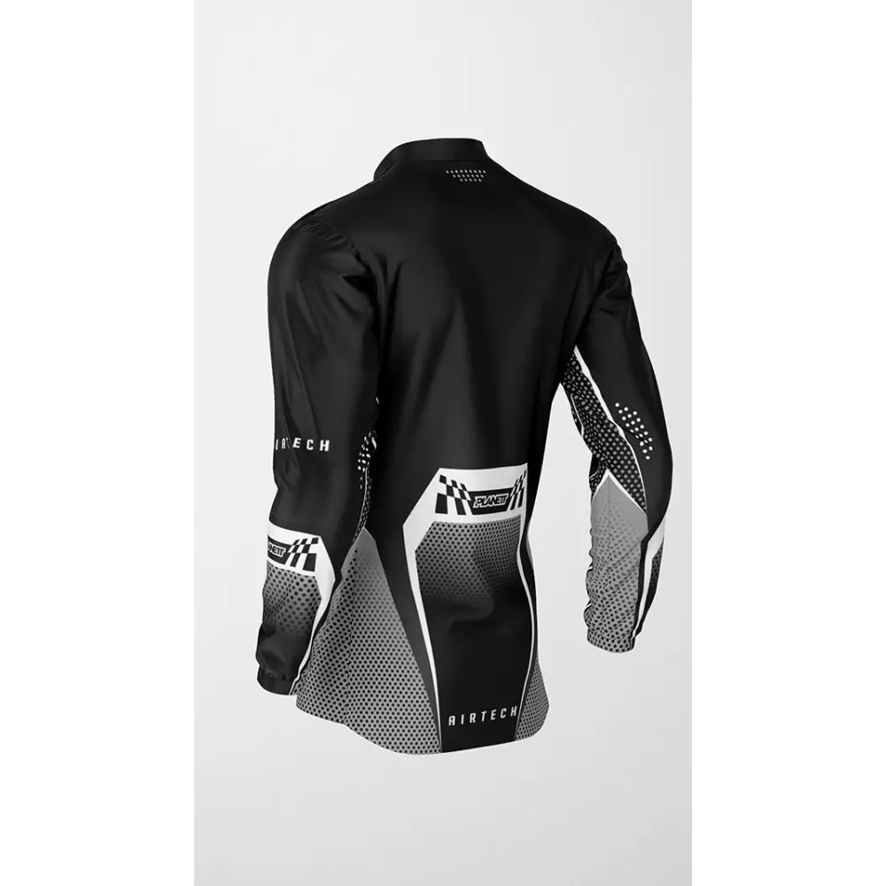 Black and gray long-sleeved racing jersey.
