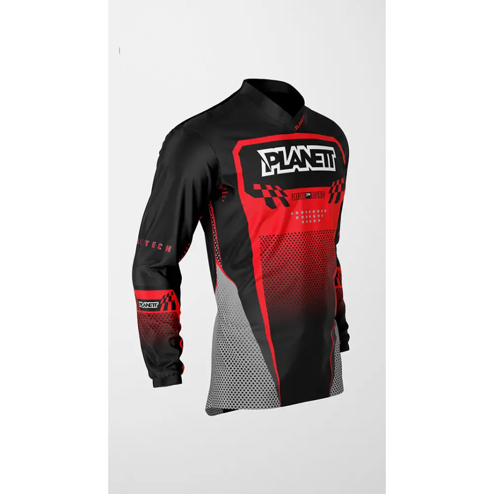 Black and red long-sleeved racing jersey.