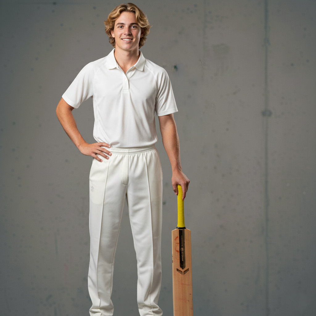 White cricket uniform with bat and yellow handle.