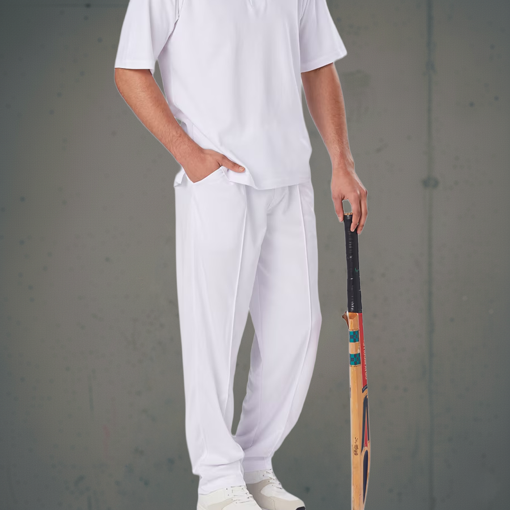 White cricket uniform set with bat and ball
