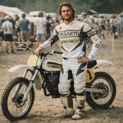 A vintage white and beige yamaha dirt bike with black accents, featuring a classic motocross design.
