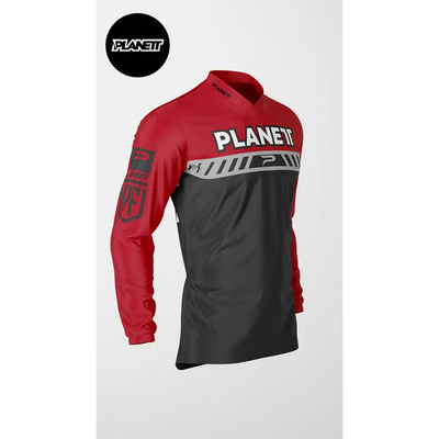 Red and black long-sleeved jersey.
