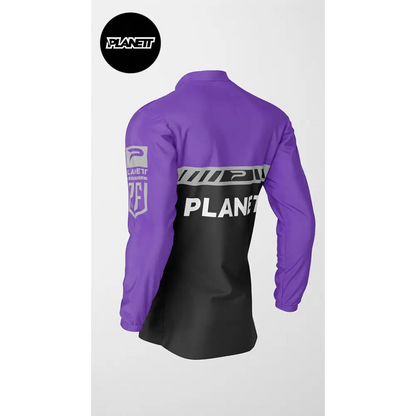 Purple and black jacket.