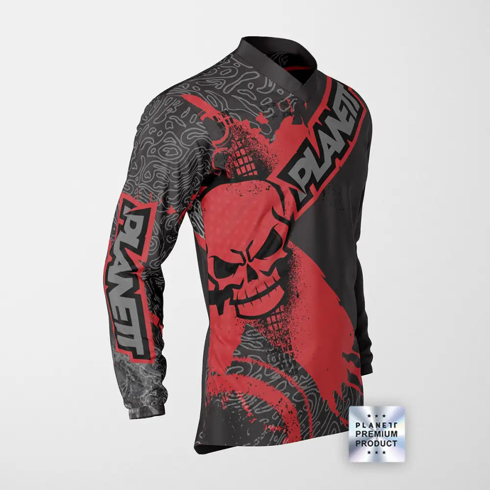 Long-sleeved skull-themed shirt.