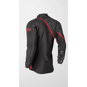 Black and red long-sleeved shirt with topographic pattern.