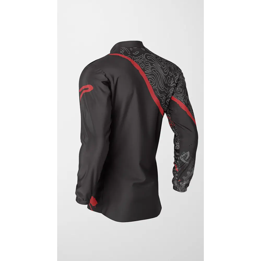 Black and red long-sleeved shirt with topographic pattern.