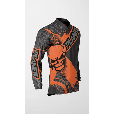 Long-sleeved shirt with skull design.