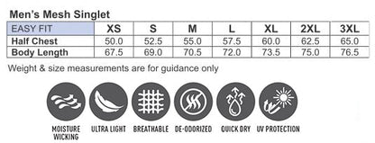 A men’s mesh singlet size chart with features.