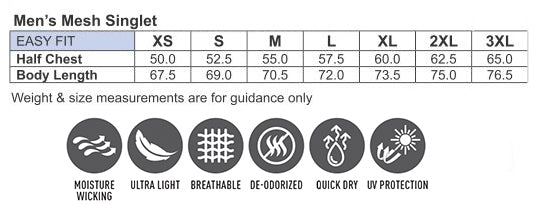 A men’s mesh singlet size chart with features.