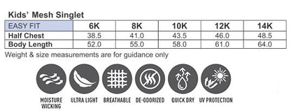 A product information sheet for a kids’ mesh singlet, detailing size measurements and key features.