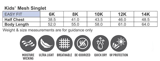 A product information sheet for a kids’ mesh singlet, detailing size measurements and key features.