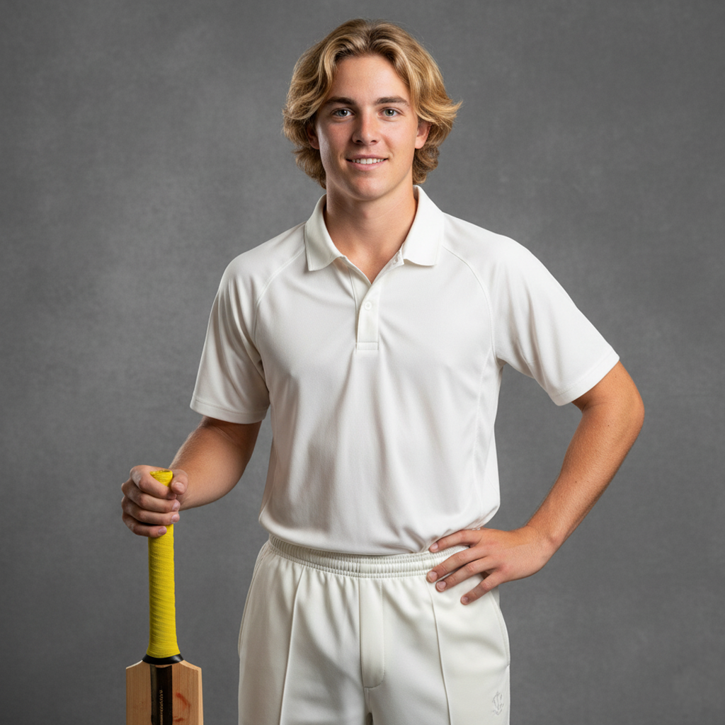 Young male cricket player in white uniform holding a bat