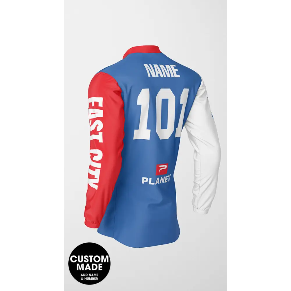 Customizable blue, red, and white sports jersey.