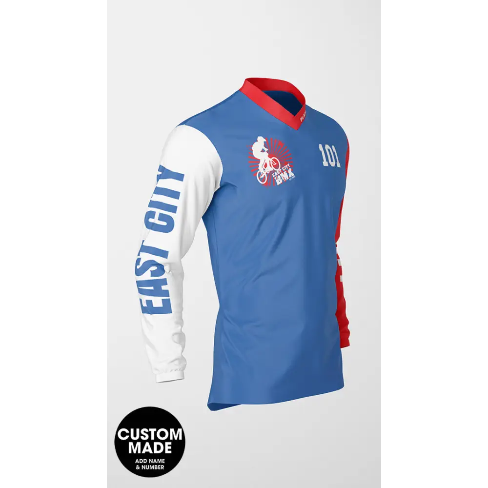 Blue, red, and white long-sleeved jersey.