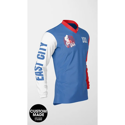 Blue, red, and white long-sleeved jersey.