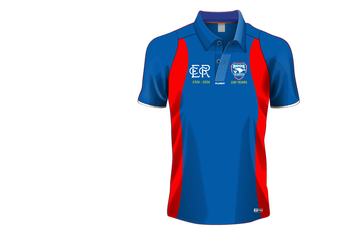 A blue and red short-sleeved polo shirt with white trim.