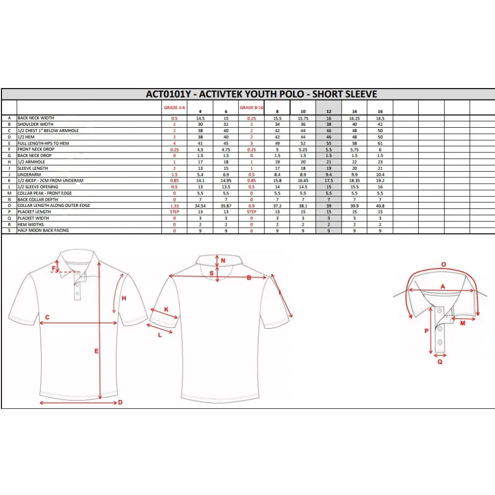 Youth polo shirt sizing chart.